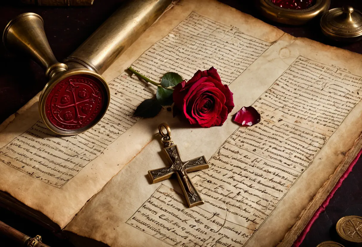 古びた革張りの机の上に、薔薇と十字架の印章が押された分厚い羊皮紙の文書が開かれている。周囲にはコンパスや定規、そして一本の深紅の薔薇が置かれている。