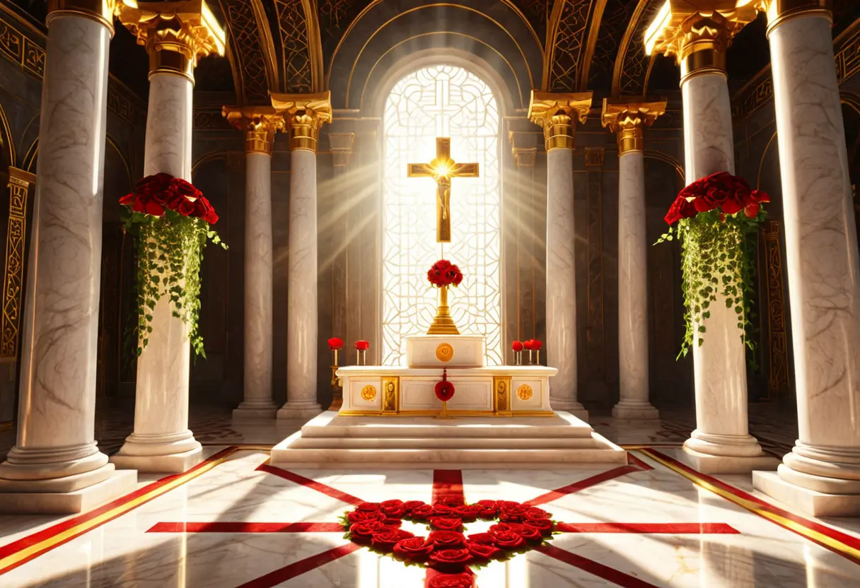 幾何学的な床模様が広がる神殿。中央には黄金の十字架と真っ赤な薔薇が置かれ、窓からは神聖な光が差し込んでいる。