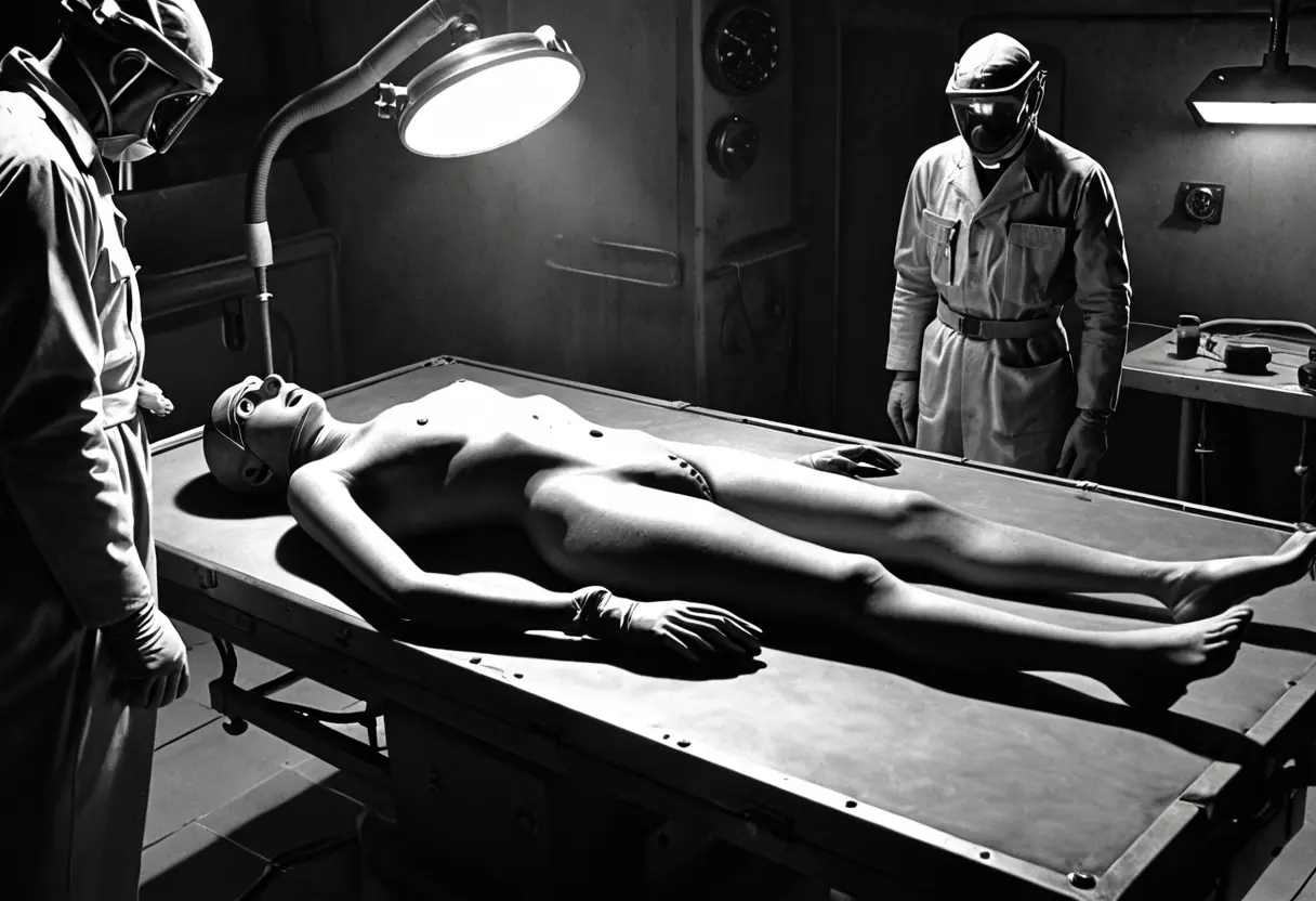 1940年代の軍の医療施設のような、暗く埃っぽい部屋。手術台の上に、滑らかな白い肌をした小さな異形が横たわっている。