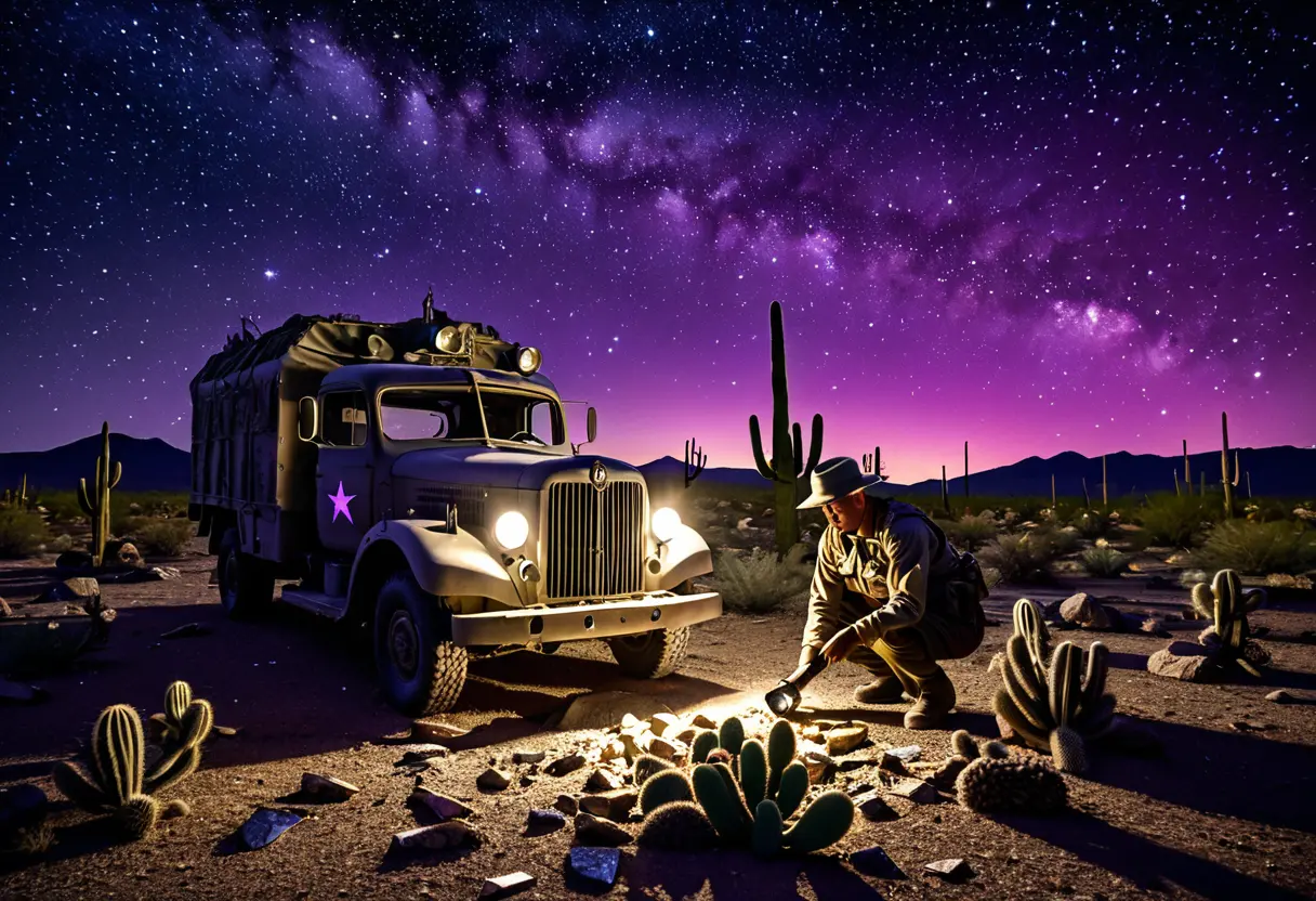 夜の砂漠。軍用トラックのライトに照らされた、奇妙なシンボルが刻まれた銀色の金属破片。