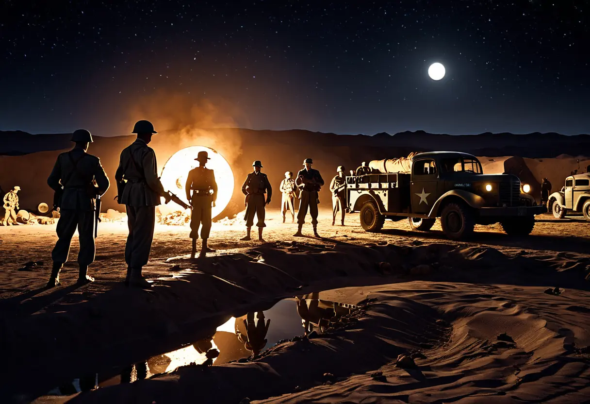 夜の砂漠。軍用トラックと照明が配置され、兵士たちが墜落した円盤のような物体の残骸を慎重に回収している。