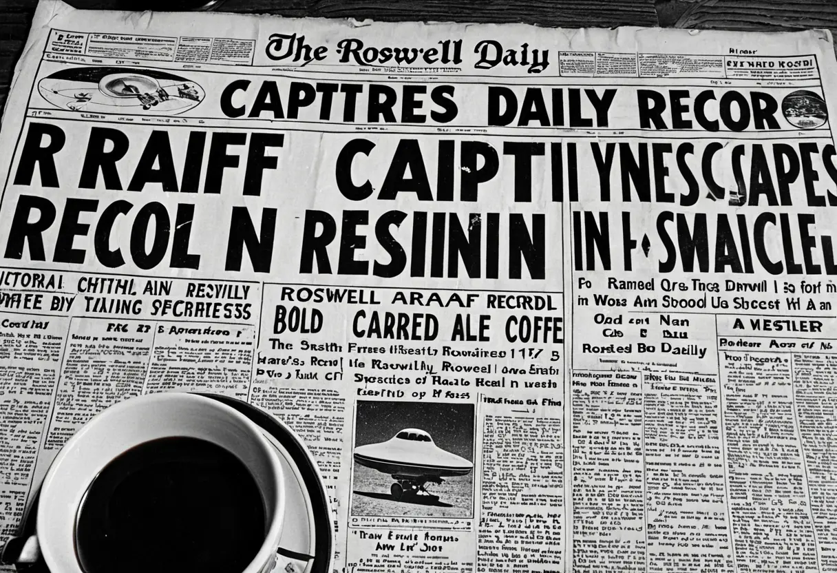 1947年の古い新聞の一面。大きな見出しで「RAAF Captures Flying Saucer（ロズウェル陸軍飛行場、空飛ぶ円盤を鹵獲）」と書かれている。