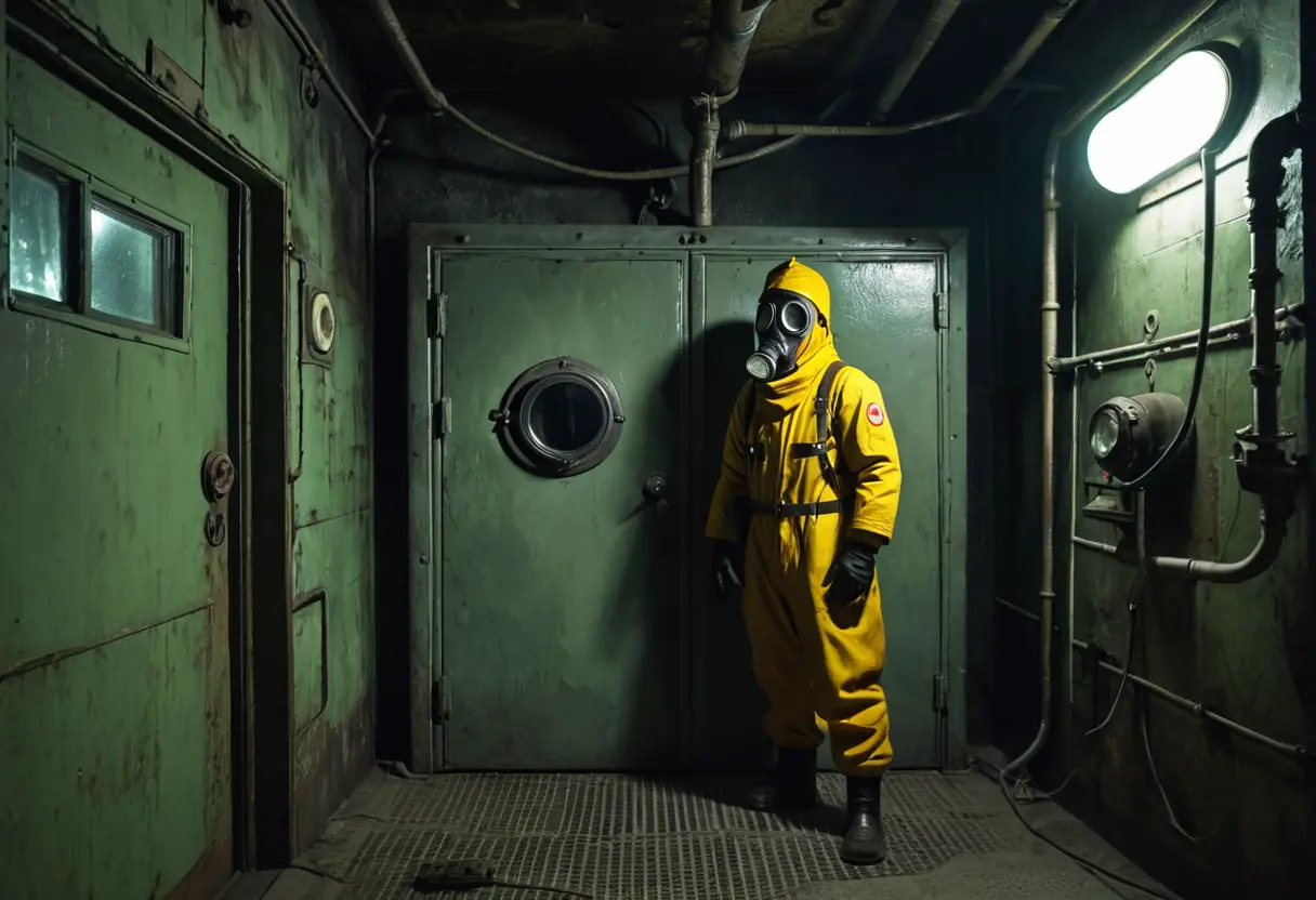 1940年代のソ連の研究所のような風景。重厚な鉄の扉の覗き窓から、ガスマスクを被った研究者が中を覗いている。