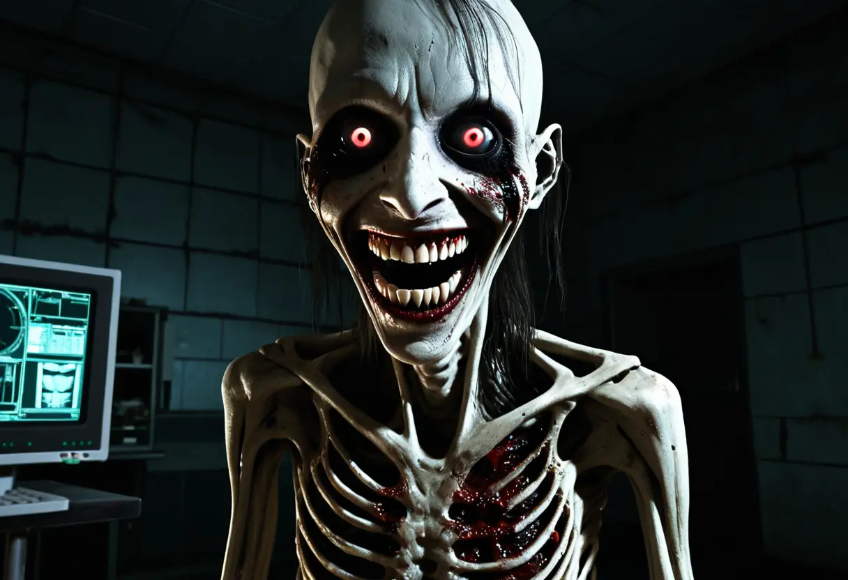 暗闇の中に浮かび上がる、被験者の凄惨な姿。顔の皮膚は剥がれ、狂気に満ちた笑みを浮かべている。