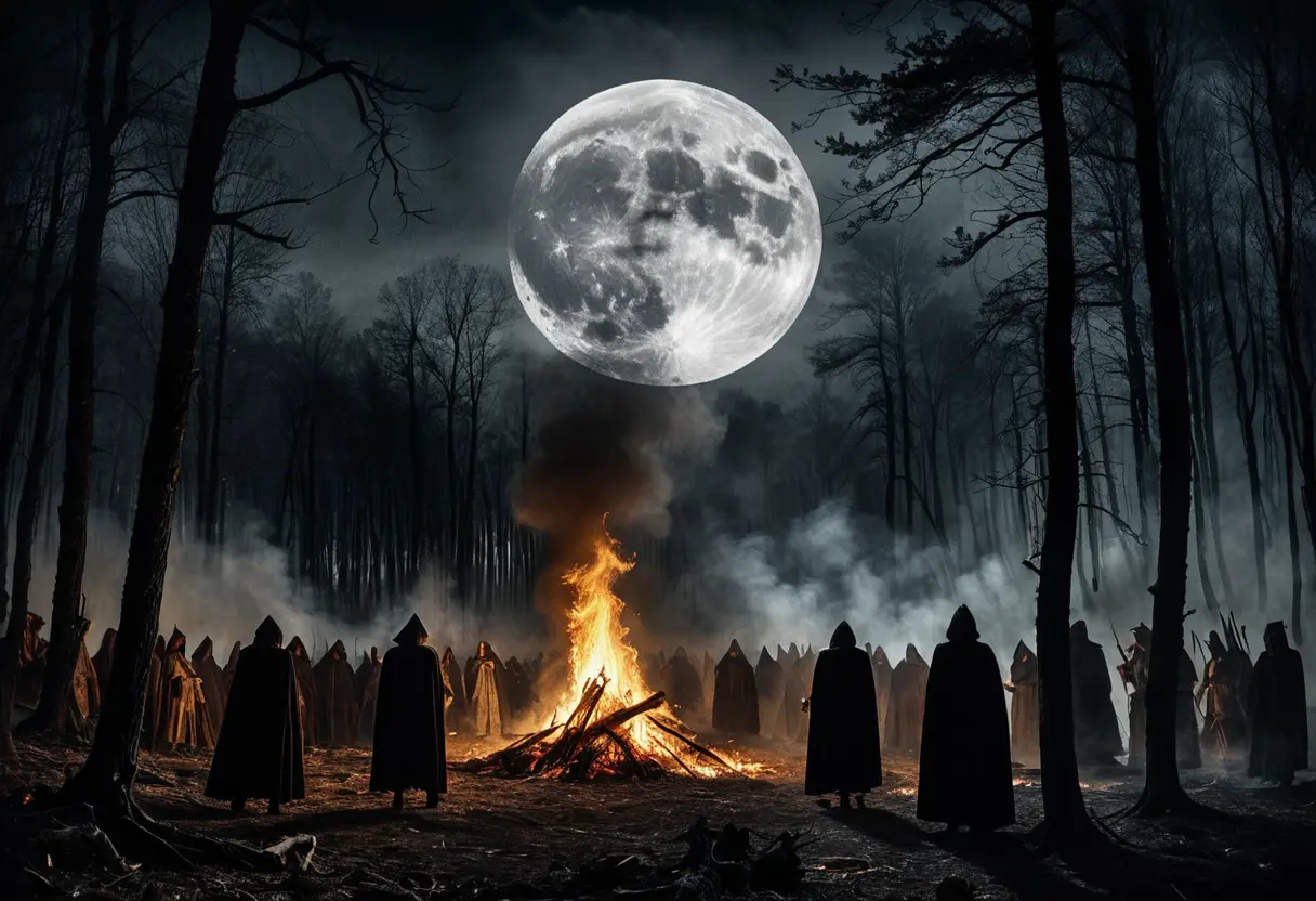 深い夜の森の開けた場所で、焚き火を囲んで踊る無数の影。背後には巨大な満月が浮かび、ゴヤの絵画のような不気味で幻想的な光景。