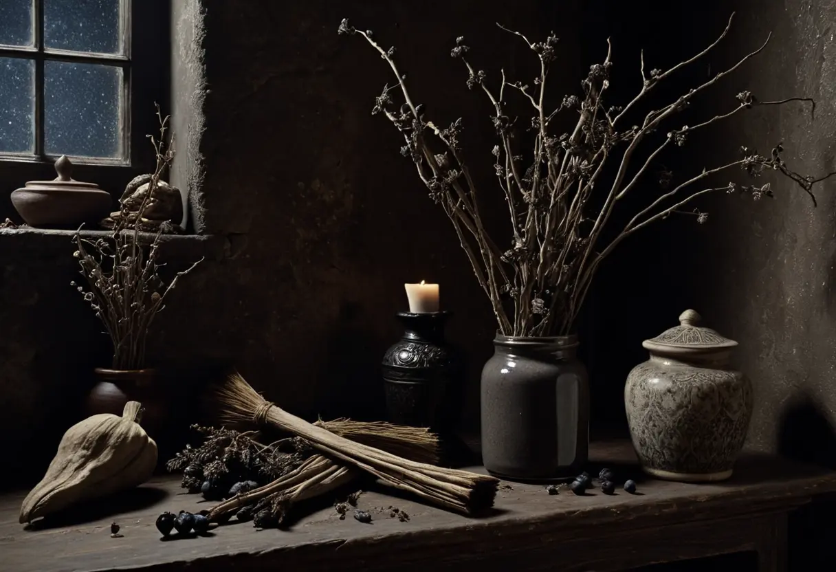 石の机の上に置かれた、ベラドンナの実、マンドラゴラの根、そして不気味な黒い軟膏の入った陶器の壺。月光が窓から差し込んでいる。