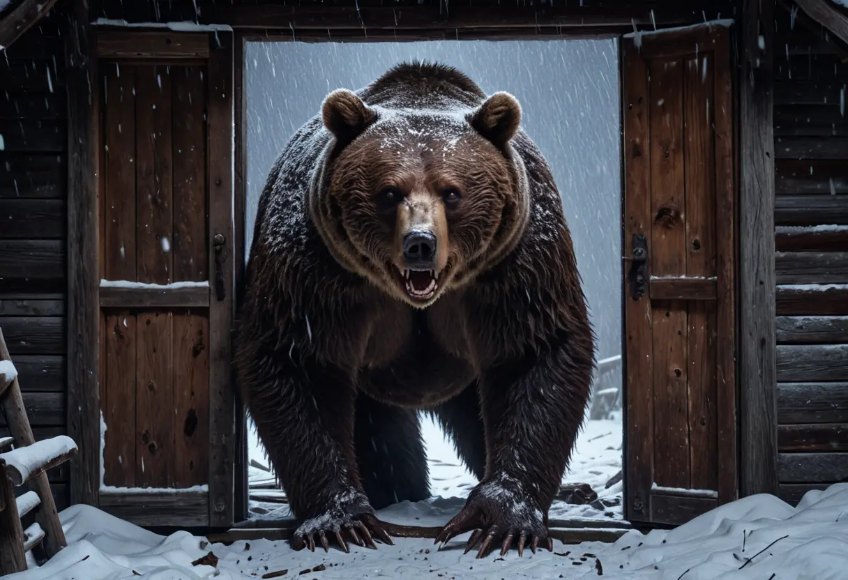 猛吹雪の夜、粗末な木造の開拓小屋の扉を打ち破ろうとする巨大なヒグマ