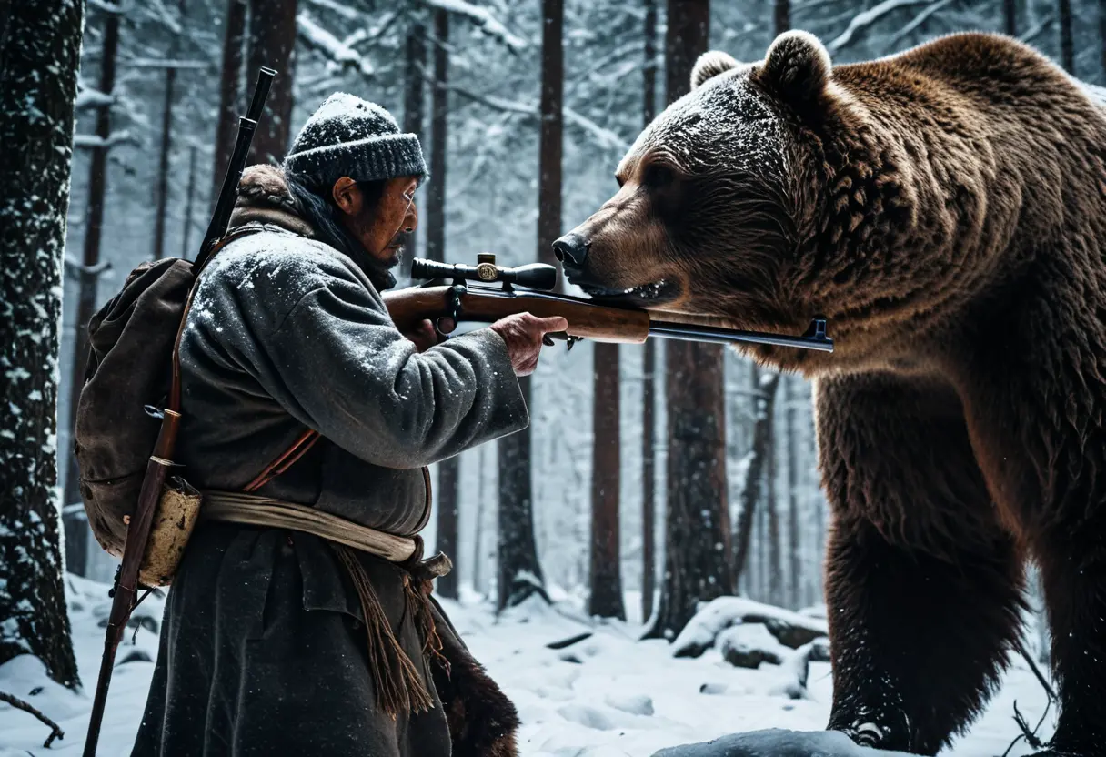 深い雪に覆われた森の中、クマ撃ちのマタギが巨熊と対峙する緊迫の場面
