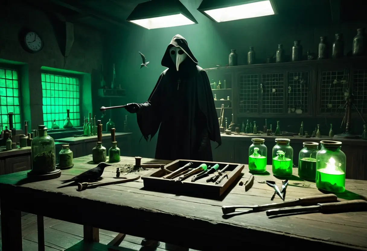 薄暗い石造りの研究室で、古い手術道具を手に持つペスト医師。彼の前には手術台があり、周囲には怪しげな薬品の瓶や解剖図が並んでいる。