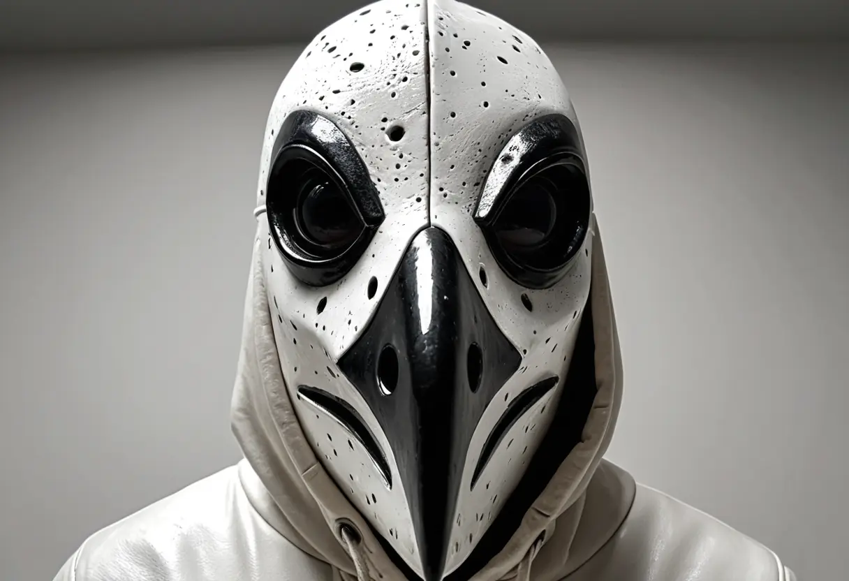 医師の鳥マスクのアップ。陶器のような質感で、目の穴の奥には静かな、しかし狂信的な光を湛えた瞳が覗いている。