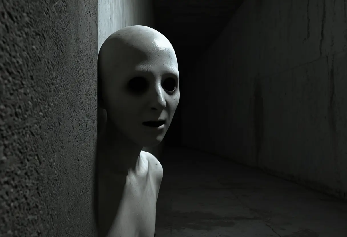 階段の踊り場の角、暗闇の境界線上に、のっぺりとした蒼白い人間の顔が半分だけ浮かび上がっている。目は白濁しており、表情は読み取れない。