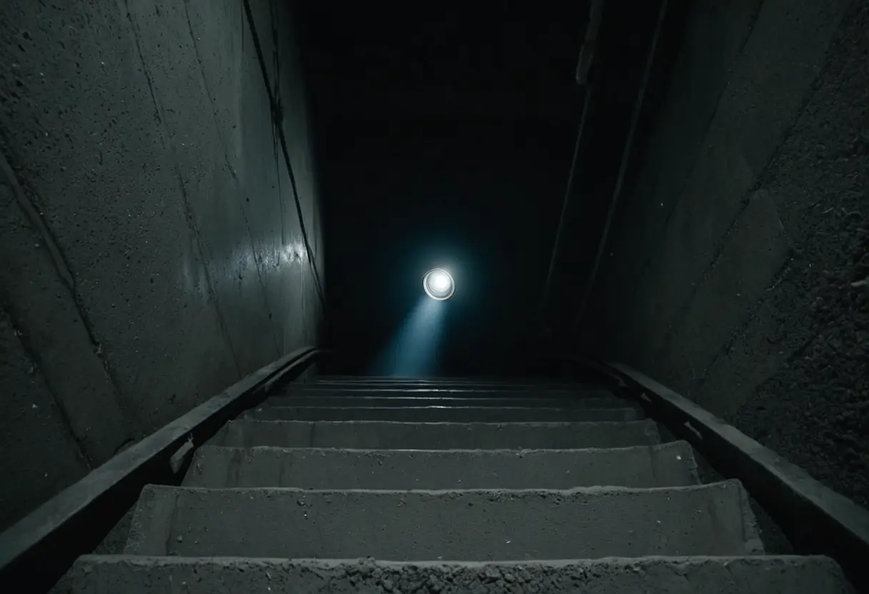 古びたコンクリートの階段を上から見下ろした視点。懐中電灯の光が届く範囲を超えると、そこには吸い込まれるような完全な暗闇が広がっている。