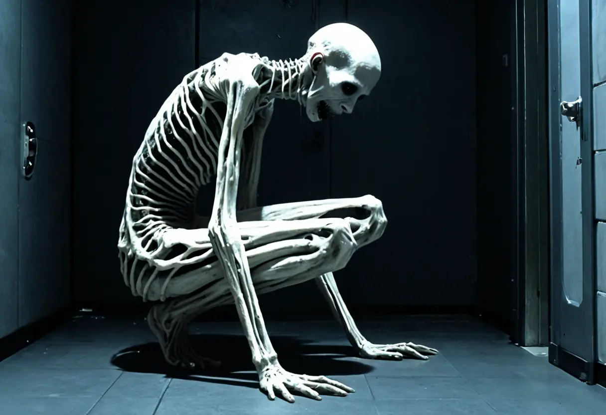 白いコンクリートの部屋の隅で、顔を隠して座り込んでいる痩せ細った白い人型生物。長い腕と脚が不自然に折りたたまれている。