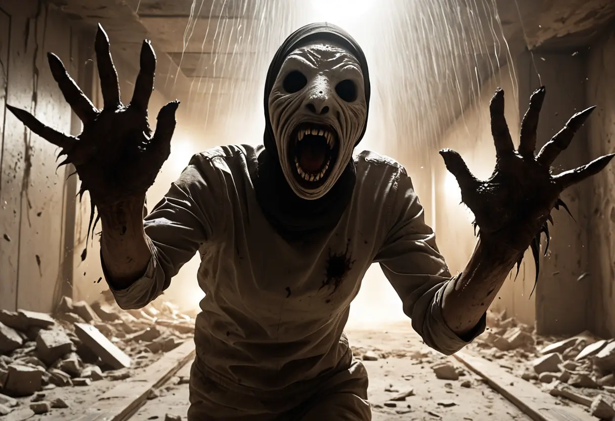 顎の関節が不自然に大きく開き、怒りで顔を歪ませた白っぽい怪物がこちらに向かって突進してくる瞬間。