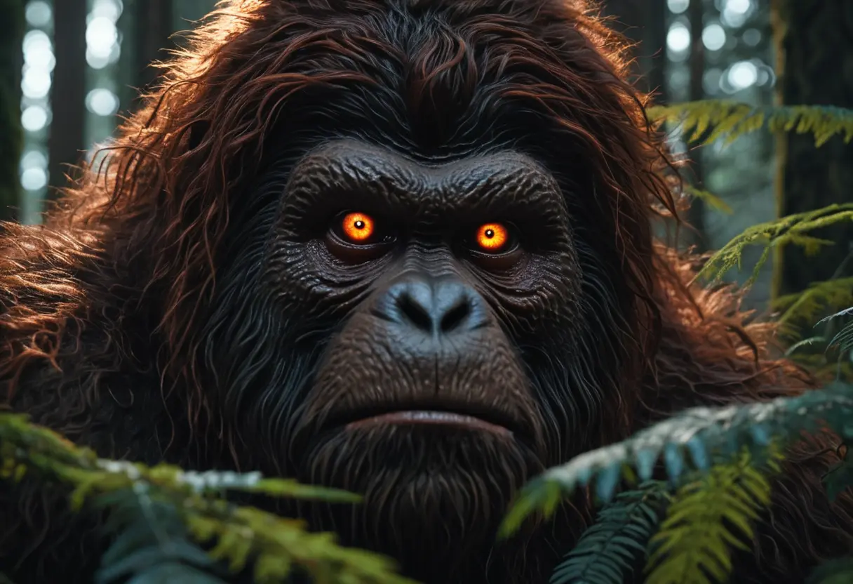 暗い森の奥で、こちらを見つめるビッグフット。その瞳には野性ではなく、深い知性と悲しみが宿っている。