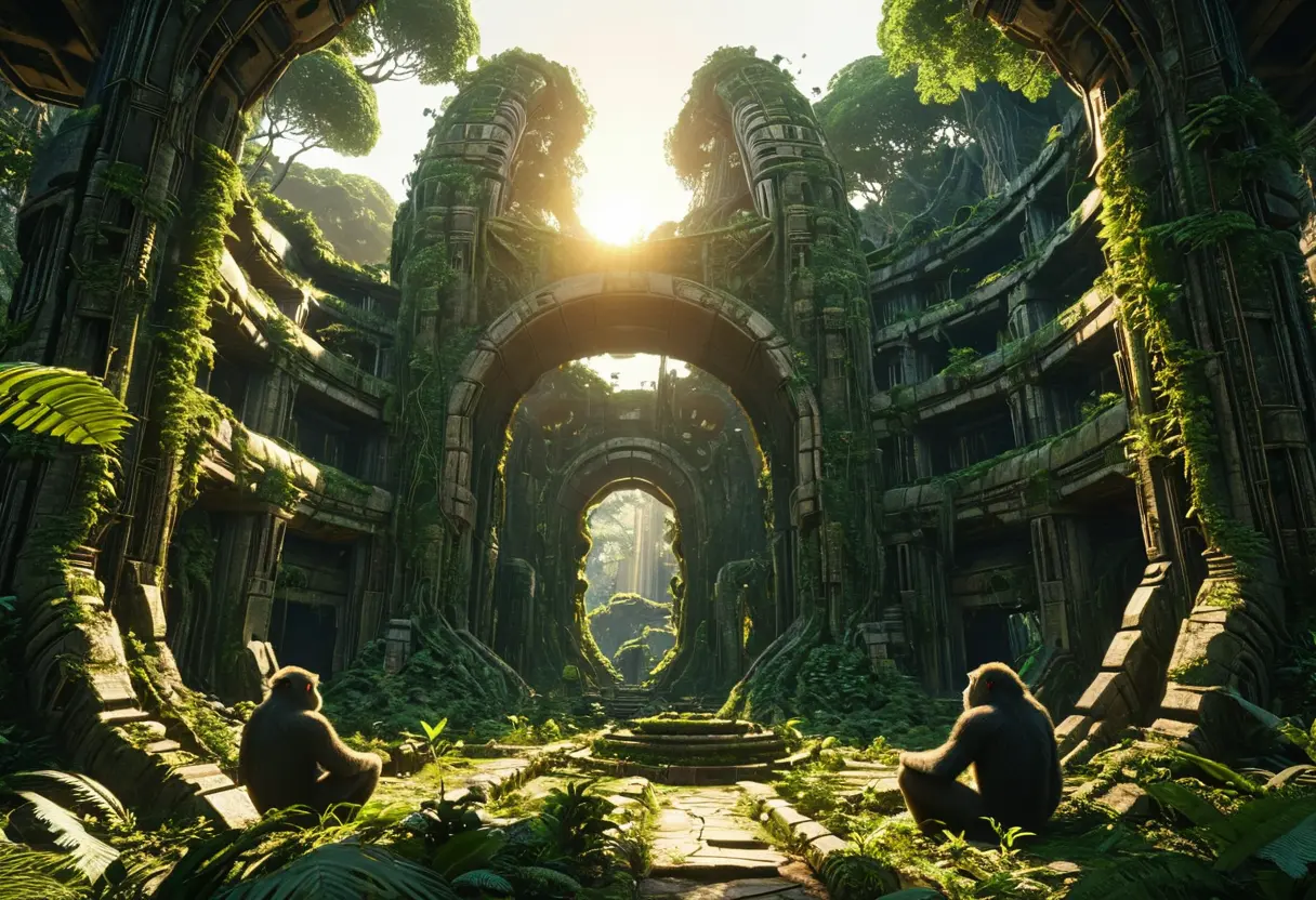 鬱蒼としたジャングルの中に佇む、巨大な樹木と融合した古代都市の廃墟。