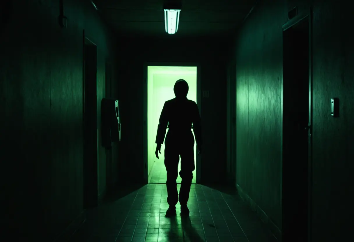 点滅する廊下の電灯。その電灯が消えた一瞬後に、さっきまで遠くにいた彫刻が、すぐ目の前まで迫っている不気味な光景。