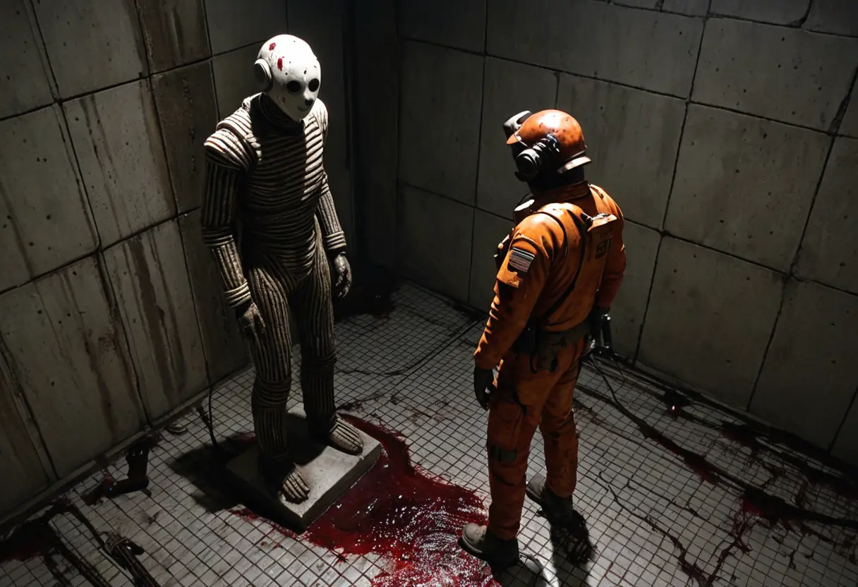 汚れたコンクリートの部屋の隅に立つ、赤や黄色のスプレーで顔が描かれた歪な彫刻。複数の懐中電灯の光がその像を捉えており、床には赤茶色の染みが広がっている。