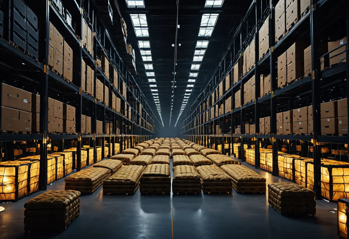 IKEAのショールームに積み上げられた巨大な家具の壁。周囲は無限に続く家具の海。