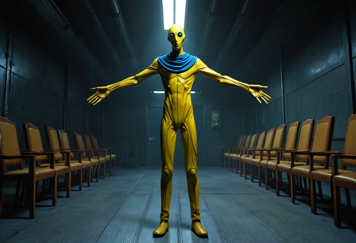 暗い店内の通路に立つ、顔のない店員の姿。