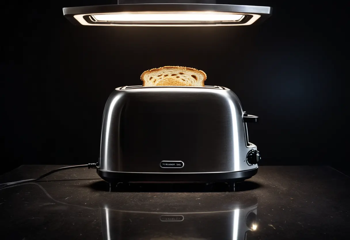 キッチンに置かれた銀色のトースター。金属面には、自分をトースターだと思い込む人間の歪んだ顔が映っている。