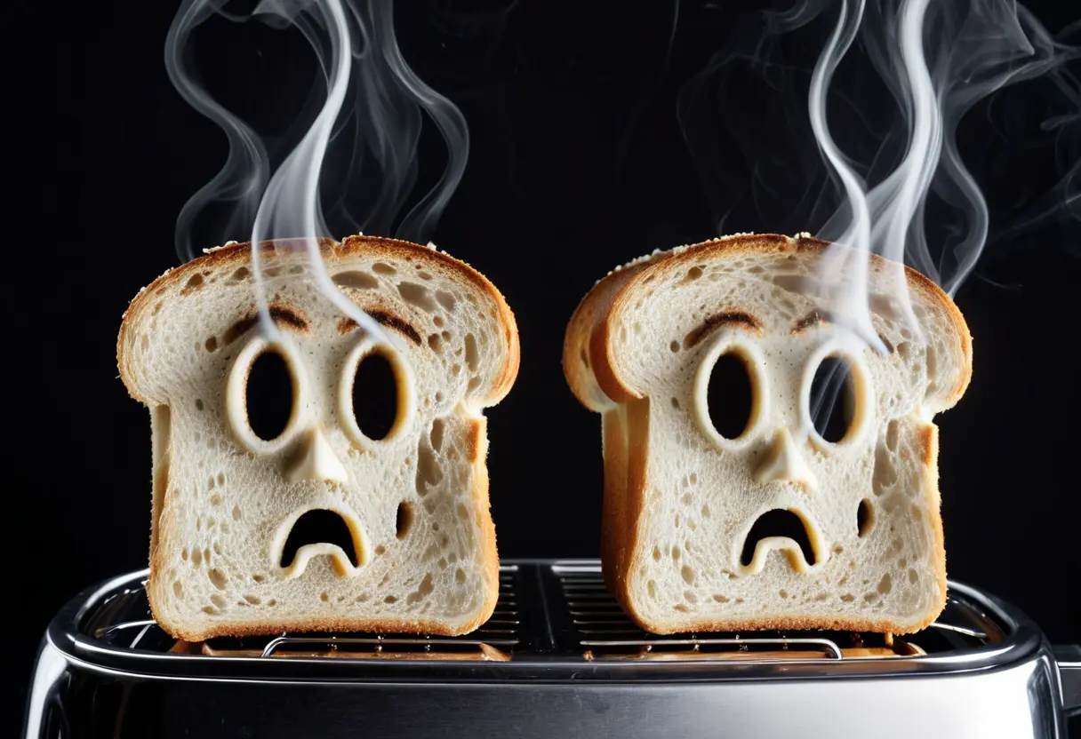 私は2枚のパンを焼いている。パンの焦げ目には、苦悩する人間の顔のような模様が浮き出ている。