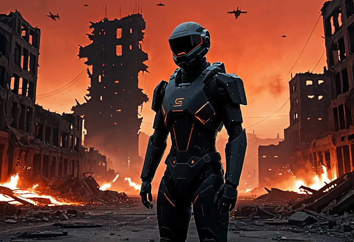 荒廃した都市の瓦礫の中に立つ、黒いパワードスーツ。