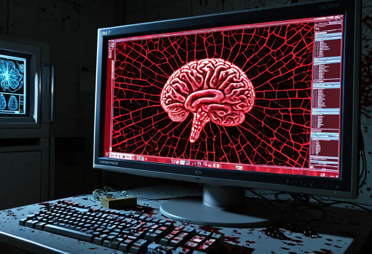 打ち捨てられた財団のモニター画面。そこには「なぜ？（WHY?）」という血文字が書かれている。