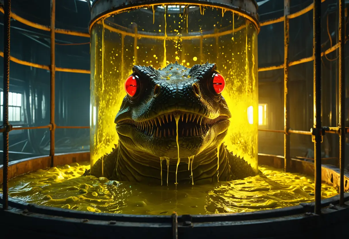 強力な酸が満たされた巨大なタンク。その液体の中で、巨大なトカゲのような怪物が泡を立てながら沈んでいる。皮膚は溶けているが、その下から新しい肉が恐ろしい速さで盛り上がっているのが見える。