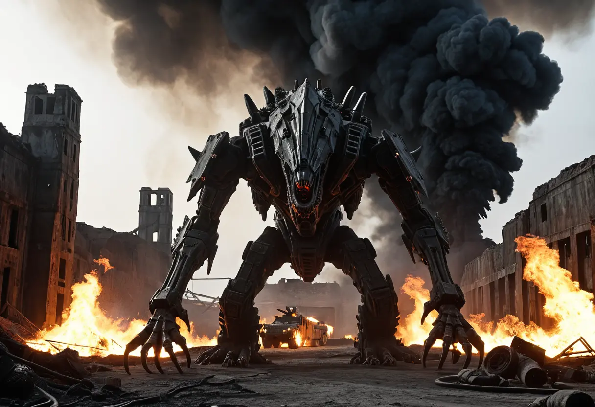 炎の中に立ち上がる、進化して巨大化した682の姿。背中からは鋭い骨の棘が突き出し、尾の一振りで財団の装甲車両を薙ぎ払っている。