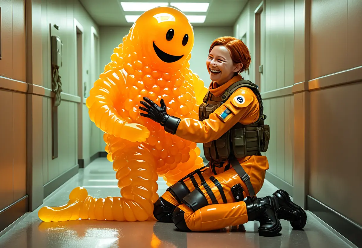 財団の廊下で、防護服を着た大きな職員の足にしがみついているオレンジ色の愛らしいスライム。職員は最初困惑しているが、次第に楽しそうに笑っている。