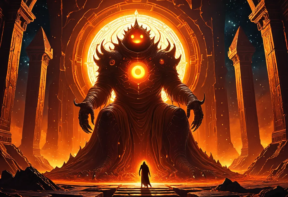 宇宙の王座を背景に、神々しくオレンジ色の光を放つ巨大なスライム。周囲の闇や邪悪な影が、彼の放つ暖かな光に溶かされていく幻想的な光景。