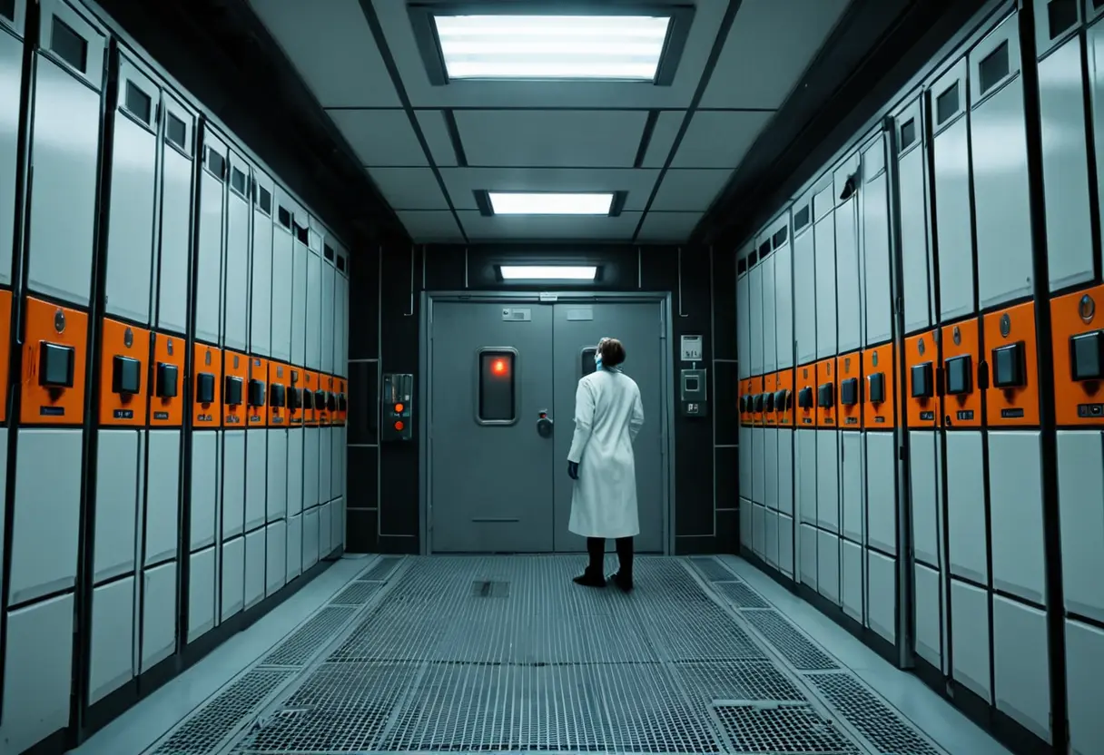 重厚な強化コンクリートと鉄扉で閉ざされた収容エリアの廊下。防護服を着た職員が、モニターを通じて室内の様子を厳重に監視している。