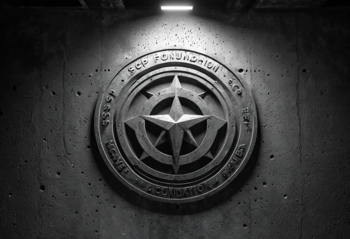 コンクリートの壁に刻まれた、SCP財団のシンボルマーク。