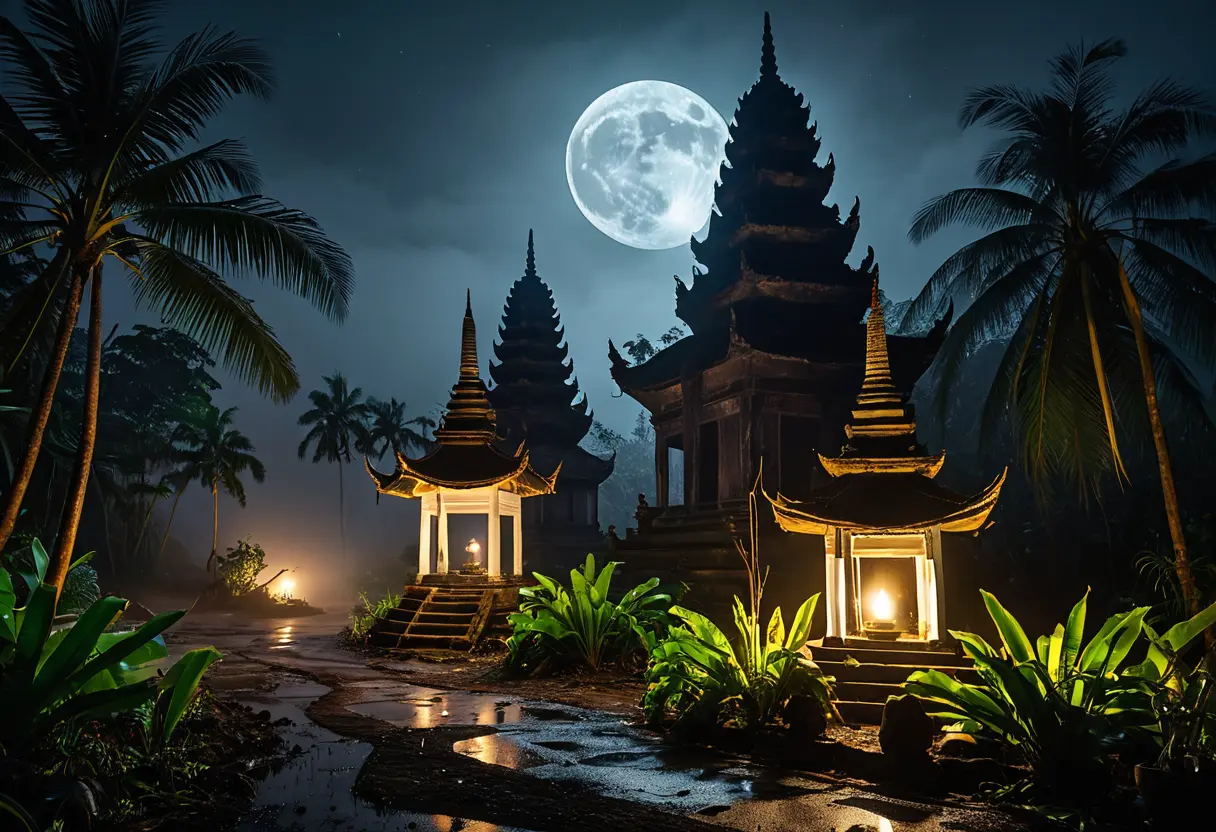 霧に包まれた熱帯のジャングルと、古い寺院のシルエット。