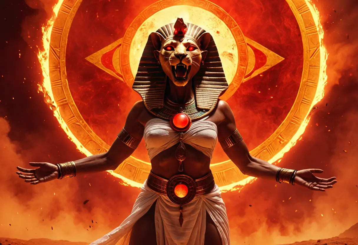 炎に包まれた戦場で咆哮する、獅子頭の女神セクメト。背後には怒れるラーの黄金の目が浮遊している