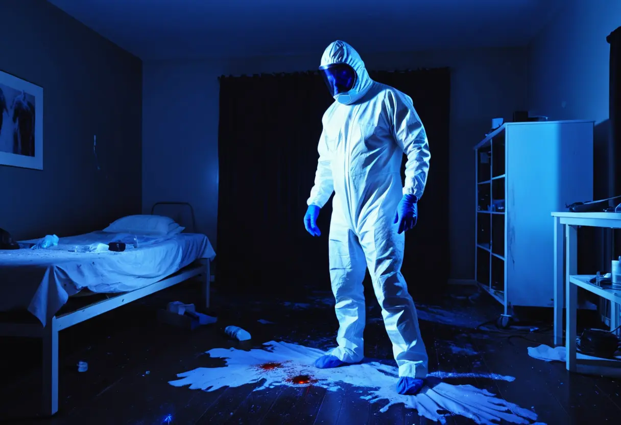 警察の鑑識官が、暗い部屋で紫外線を照射し、残留した微細な証拠を探しているシーン