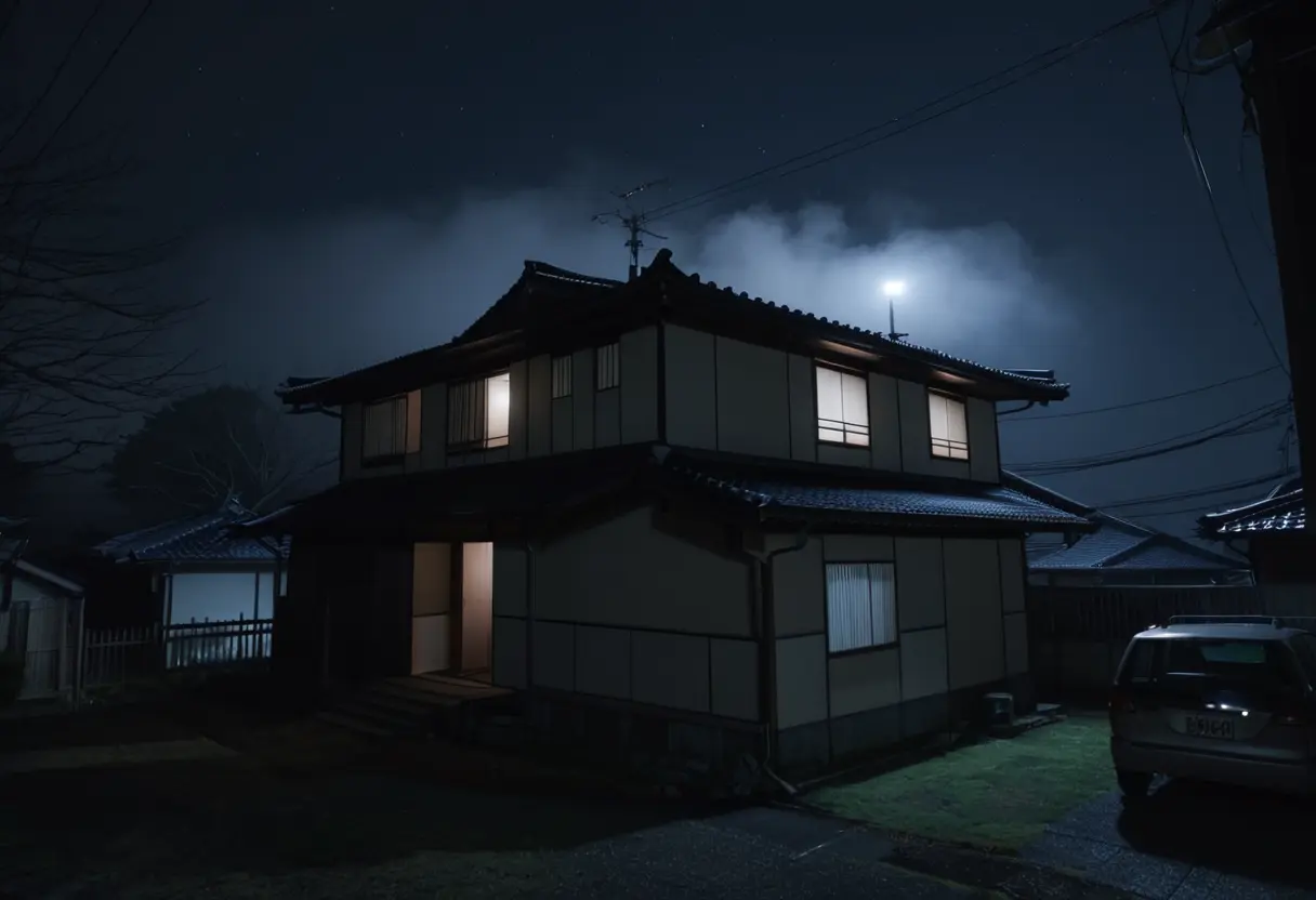 夜の住宅街、一軒の家の窓だけが明るく、周辺は不気味なほどの静寂に包まれている