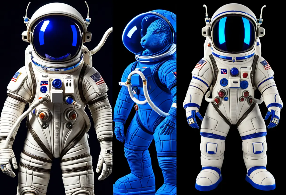 遮光器土偶の背面や側面を、現代の宇宙服の設計図と比較するように描いたイメージ。