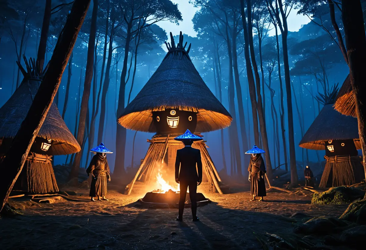 霧の深い縄文の村。巨大な遮光器土偶の姿をした何者かが、森の中から青い光を放ちながらゆっくりと現れる。