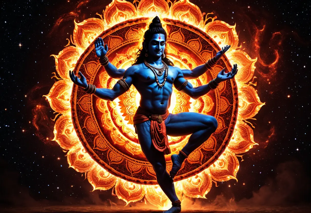 炎の輪の中で片足を上げ、激しく踊るシヴァ神。彼の周囲では星々が砕け散り、同時に新しい命が芽生え始めている
