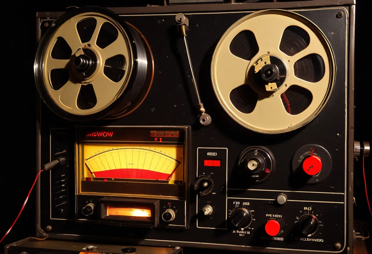 1970年代の古い磁気テープが回る録音機。メーターが異常に高い数値を叩き出している。