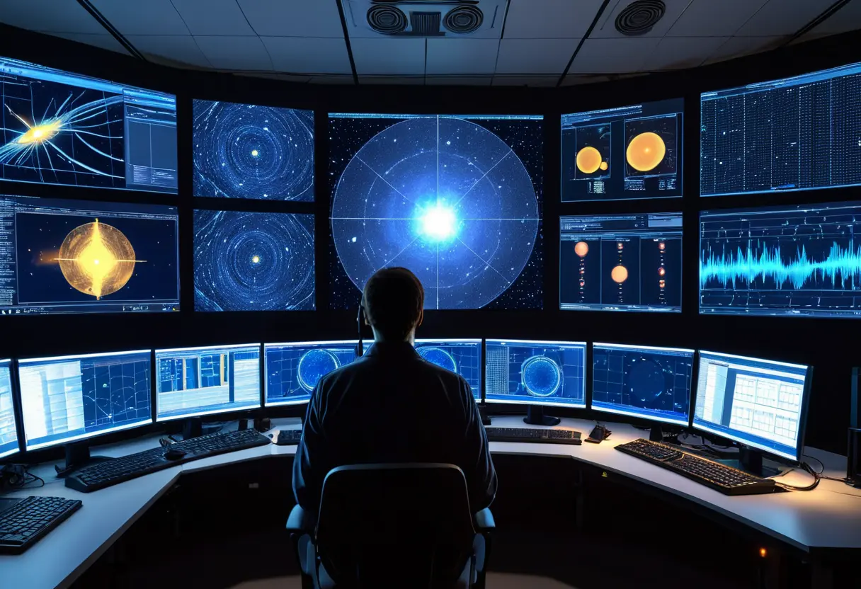 暗い部屋に並ぶモニター。そこには銀河の地図と、複雑な波形データが表示され、重なり合っている。