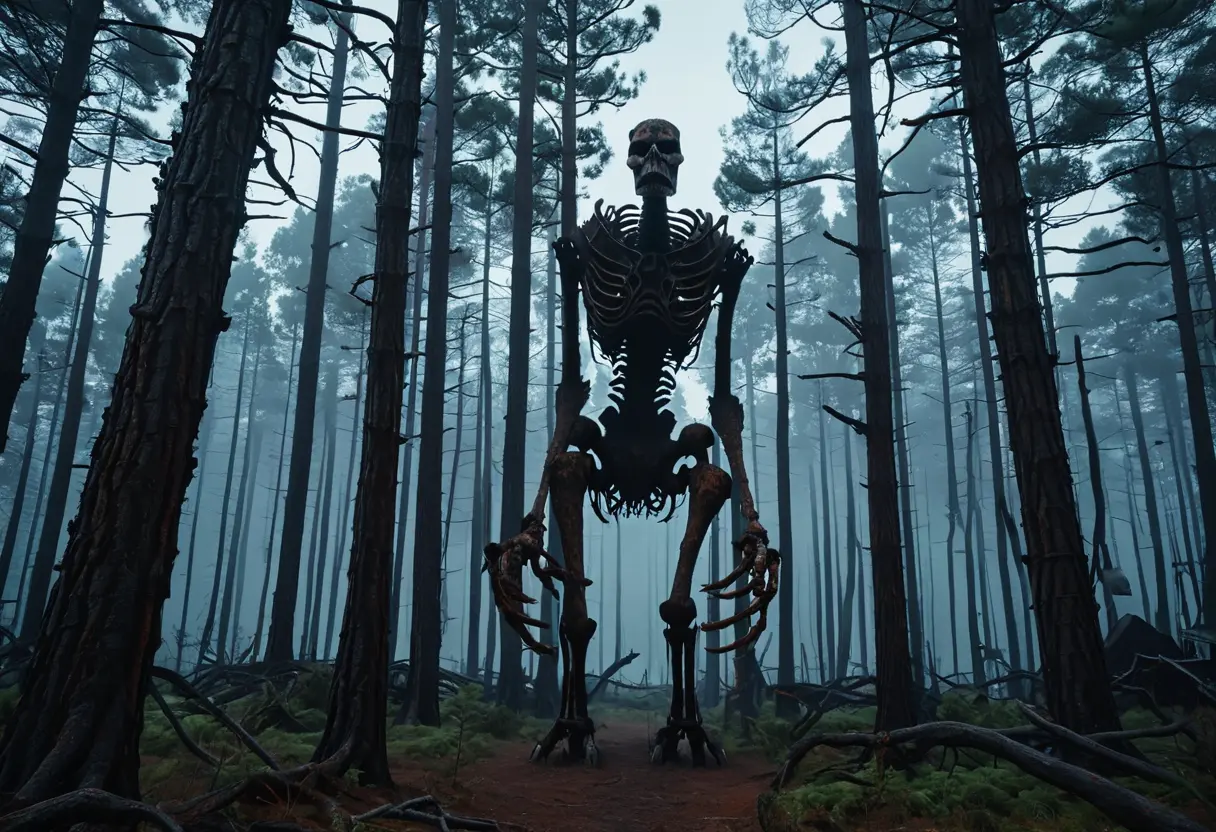 深い霧の立ち込める夕暮れの森。電柱よりも高く細いサイレンヘッドのシルエット。