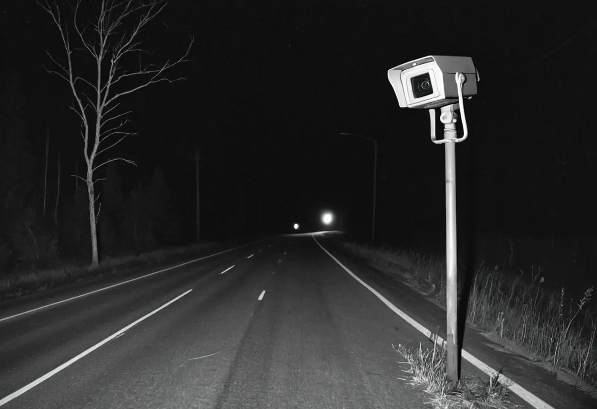 夜の道路を捉えた監視カメラの映像。巨大なサイレンヘッドが走り去る姿がブレて写っている。