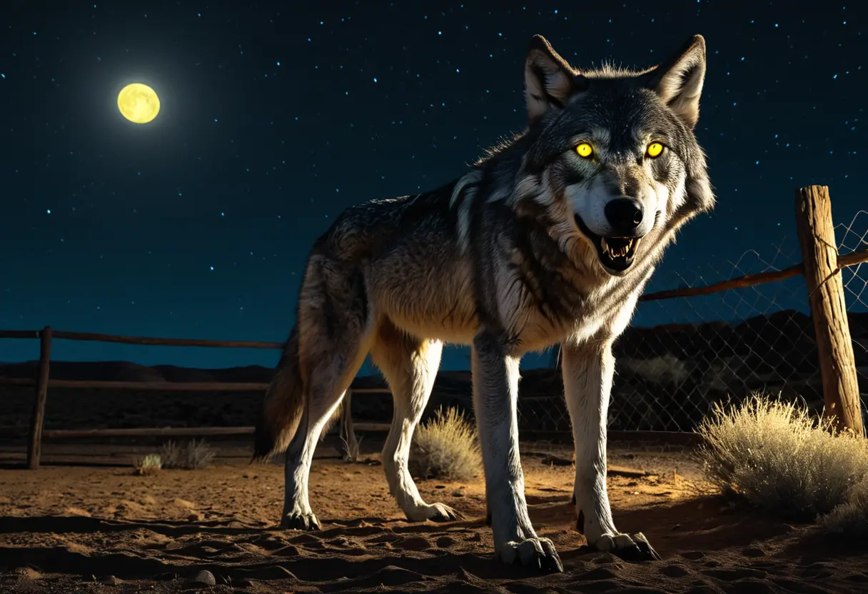 暗闇の中に光る、不自然に大きな狼のような生物の眼差し。