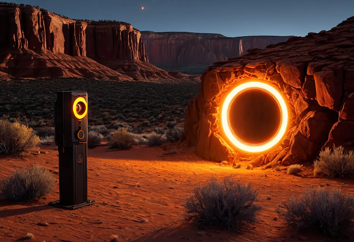 夜の牧場の荒野。宙に浮く不気味なオレンジ色の光球（ポータル）から、金属質の物体が半分現れている。