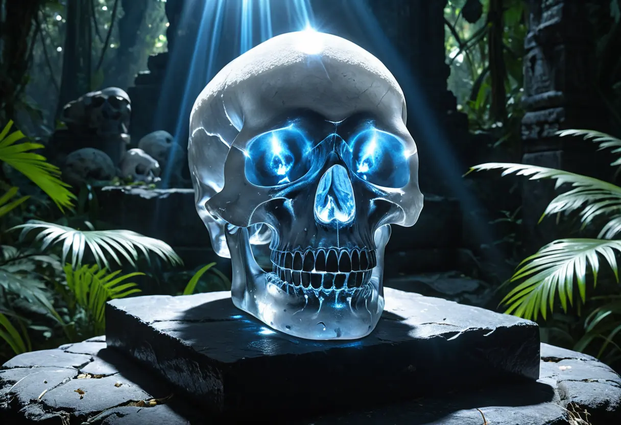暗闇の中で、青白い光を放つ透明な水晶の髑髏。光が内部で複雑に反射し、神秘的な雰囲気を醸し出している。