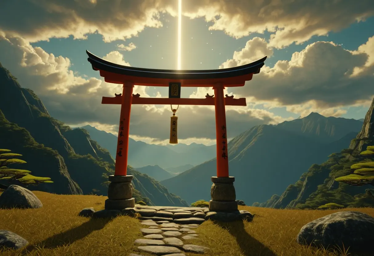 古代の神社の背景に、勾玉のような形をした黄金の飛行船が浮き、その下に白い装束の神官たちが並んでいる神秘的な光景。