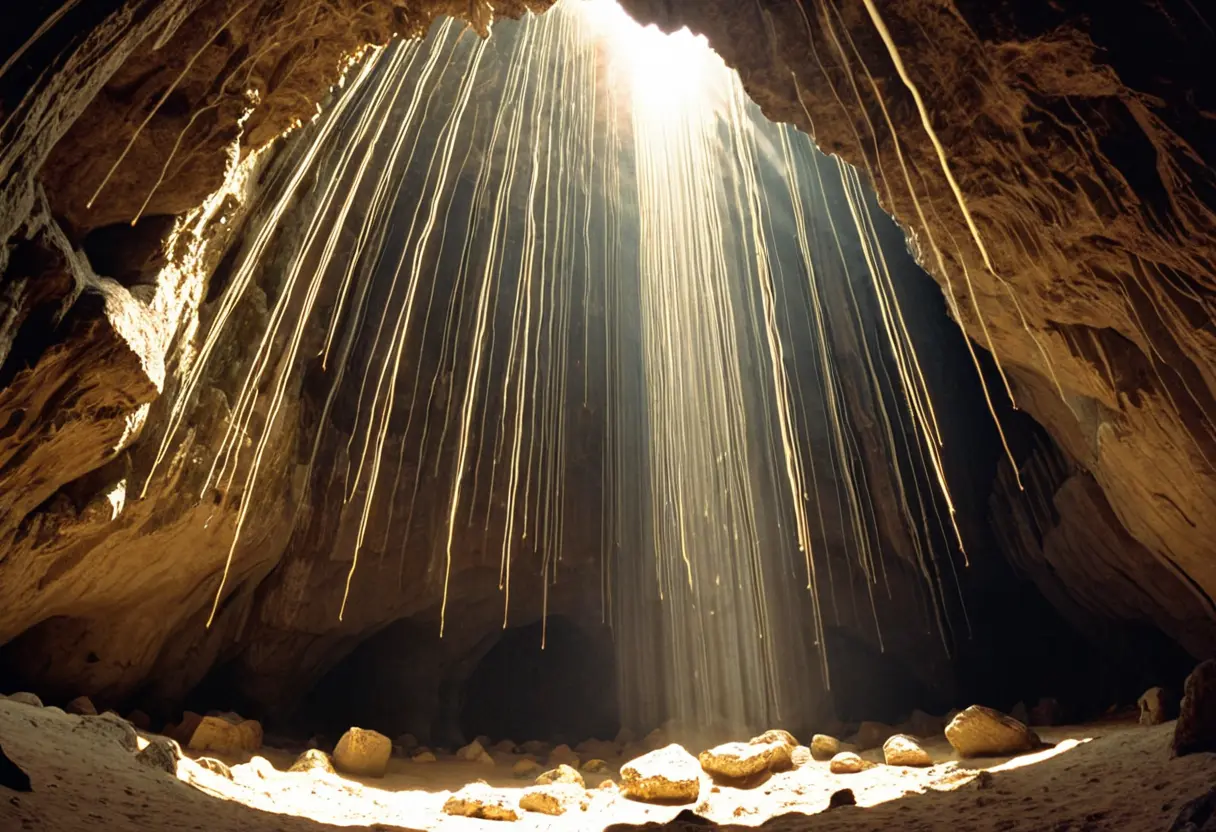 巨大な縦穴洞窟の入り口を飛び交う、無数の白い「棒状の物体」。